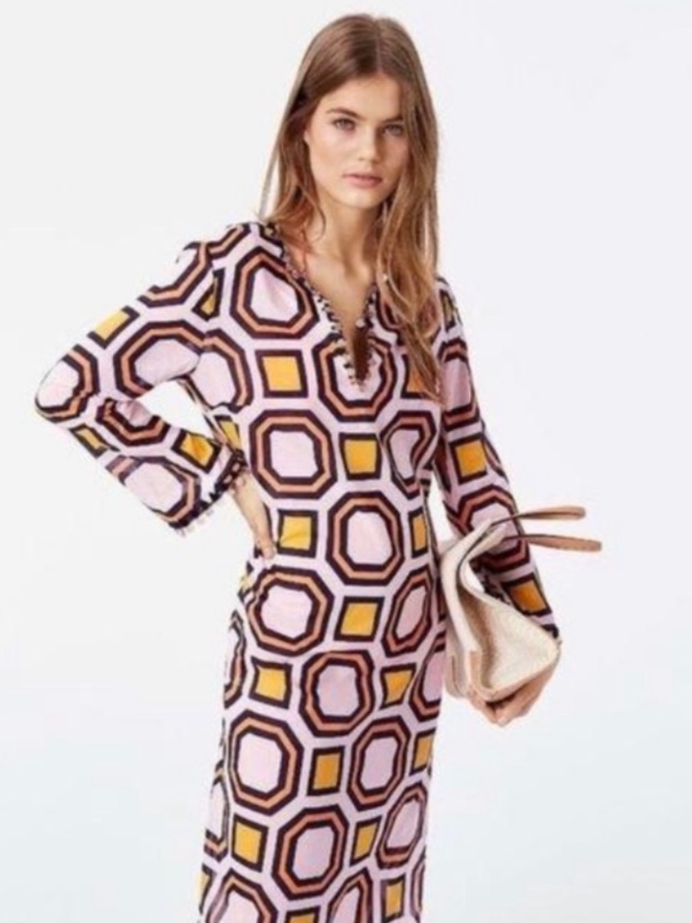 Tory Burch Geometric Print Pink and Yellow Long Sleeve Maxi Dress